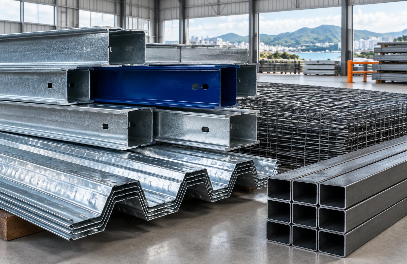 Purlins, steel decking, wire mesh and tubular steel