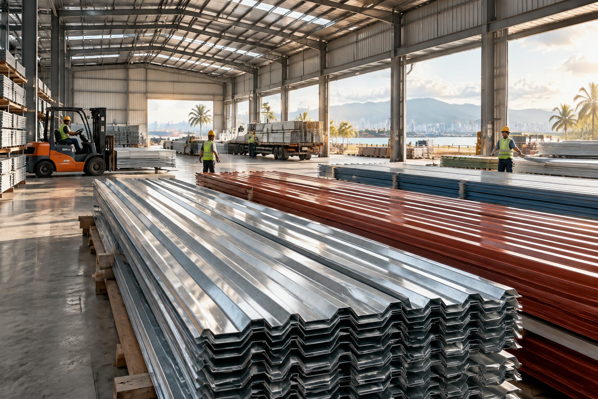Steel roofing sheets inside a modern distribution warehouse